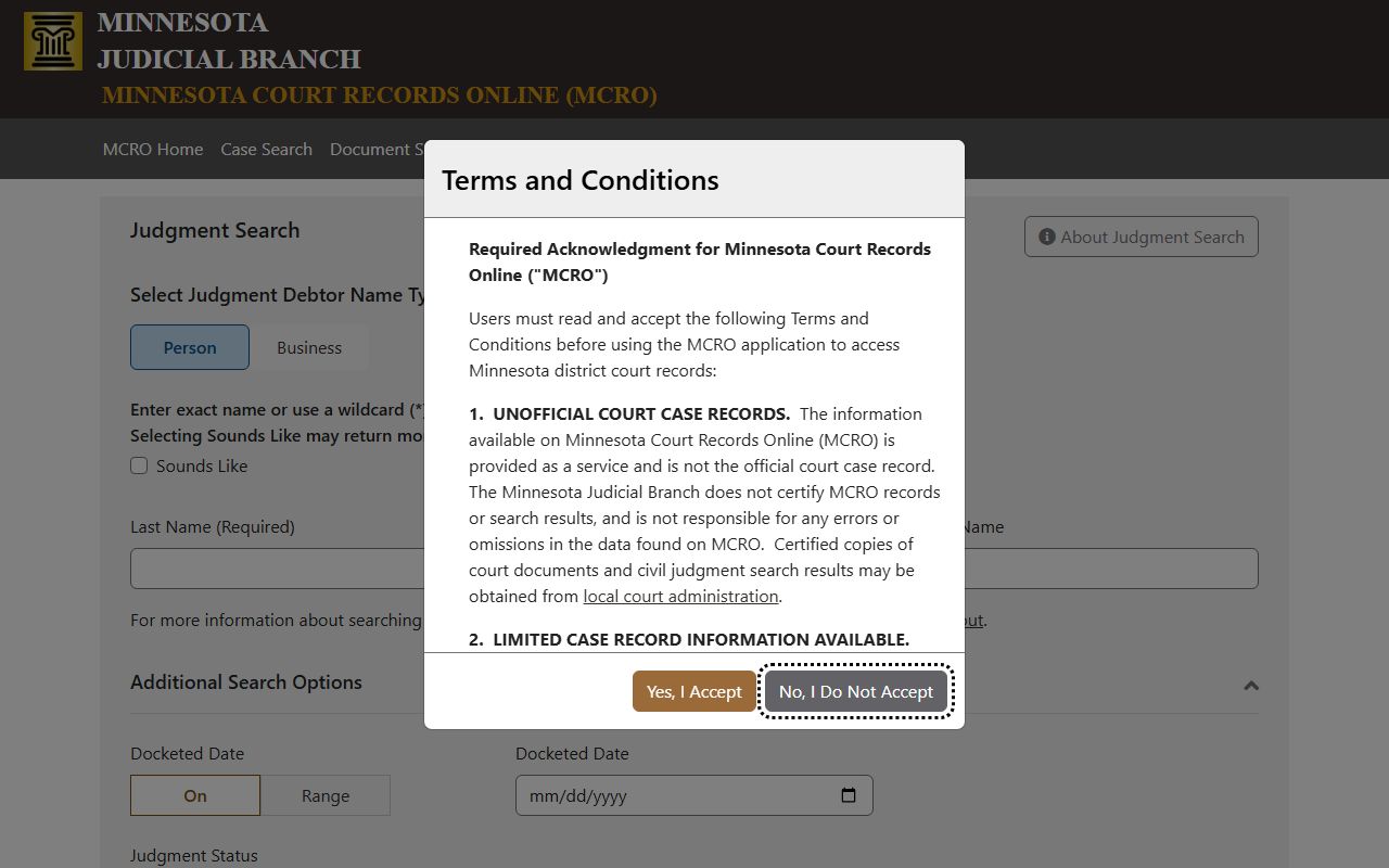 Morrison County court dockets MCRO Judgment Search interface