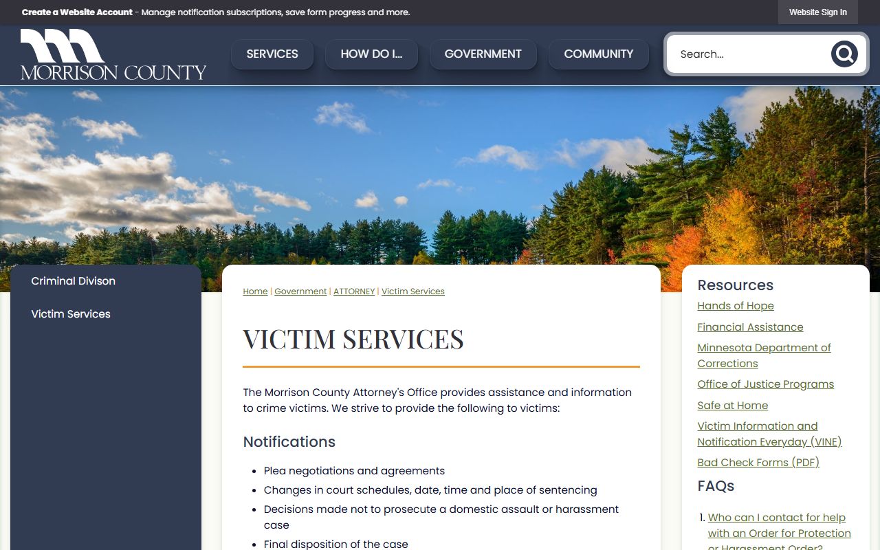 Morrison County criminal court records victim services page