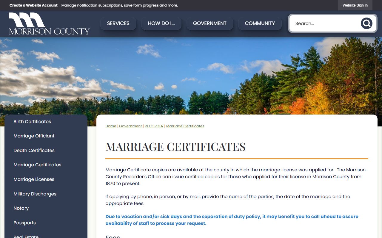 Morrison County marriage records certificate copy page
