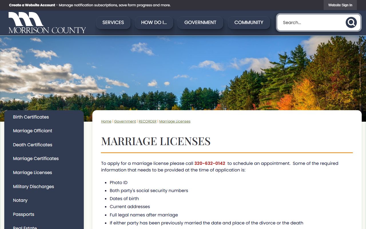 Morrison County marriage records license appointment and fee page