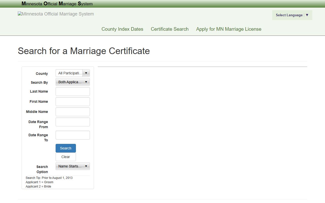 Morrison County marriage records MOMS search fields