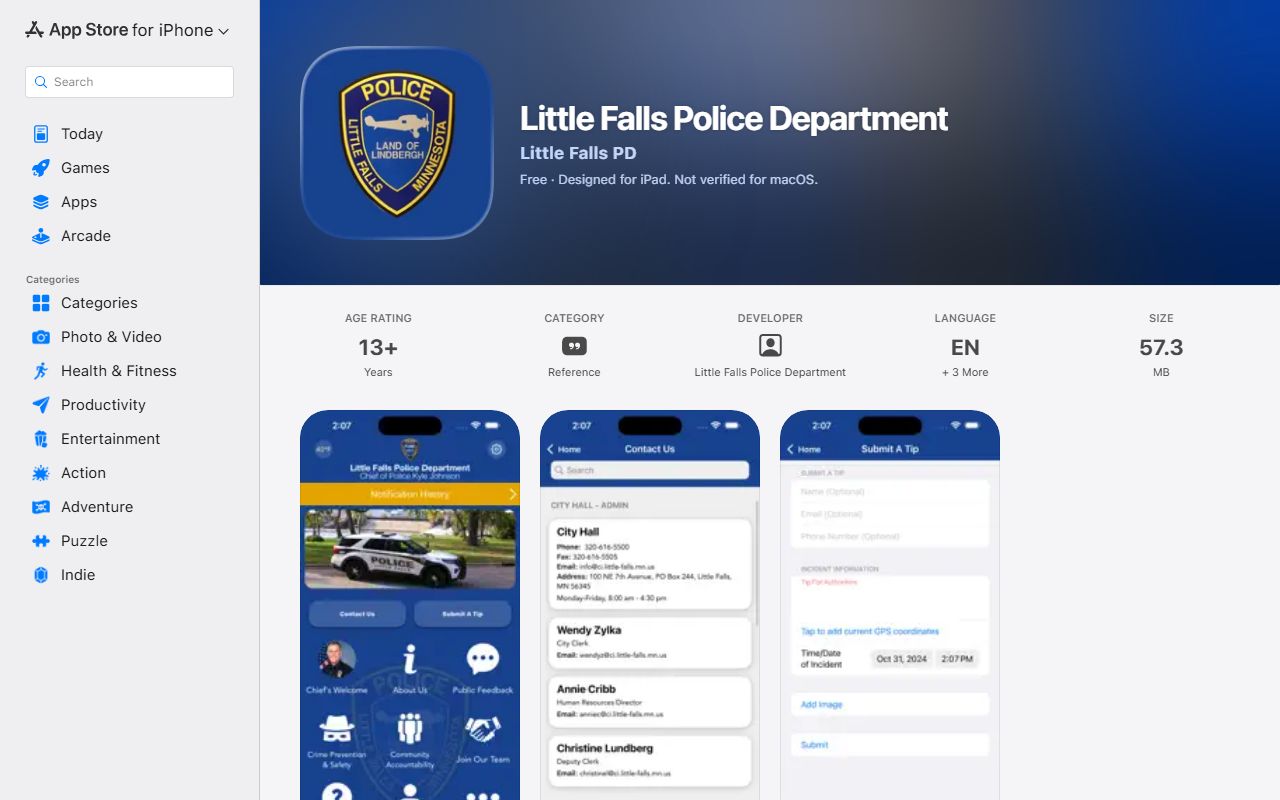 Morrison County warrant records Little Falls Police Apple app listing